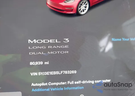 2020 Tesla Model 3 Long Range Dual Motor All-Wheel Drive z USA, uszkodzony, nr VIN 5YJ3E1EB5LF783269